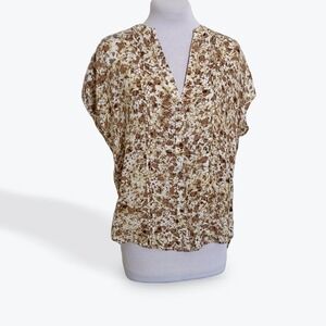 Treasure & Bond Womens Small Tan Brown Floral Pintuck Rayon Cap Sleeve Blouse